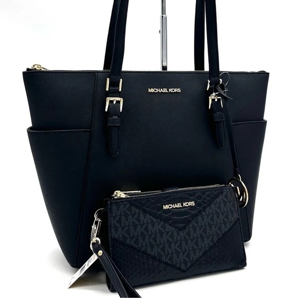 Michael Kors Large Charlotte Tote Bag & Large Double Zip Wallet Black - Picture 1 of 13